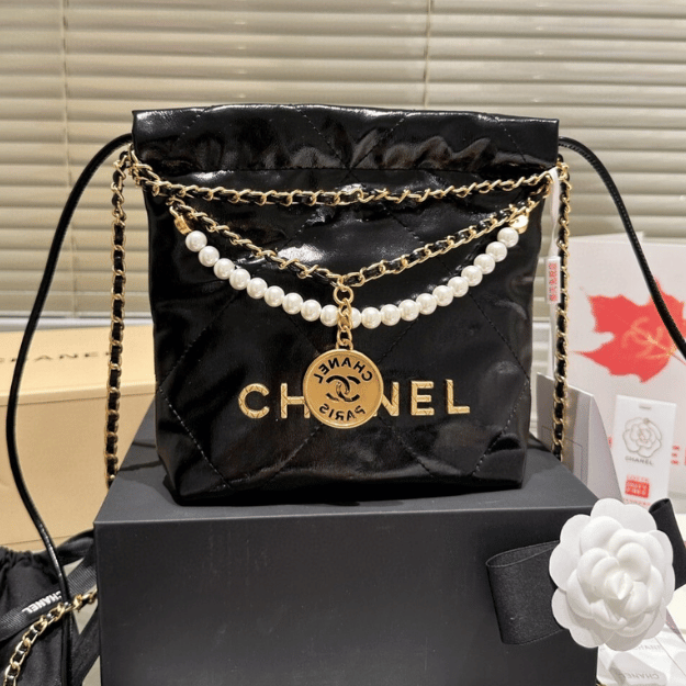 Chanel 22 Mini Drawstring Bucket Bag Black Pearl 7.9 Inches