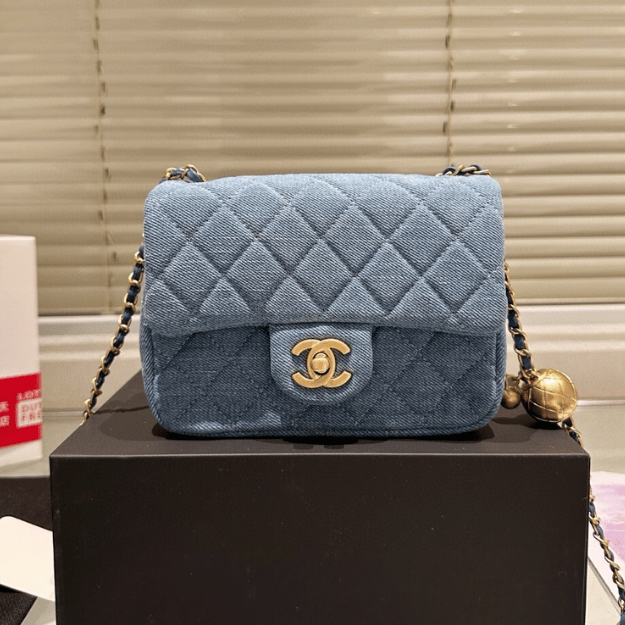 Chanel Denim Gold Ball Square Flap Bag Blue 7.1 Inches