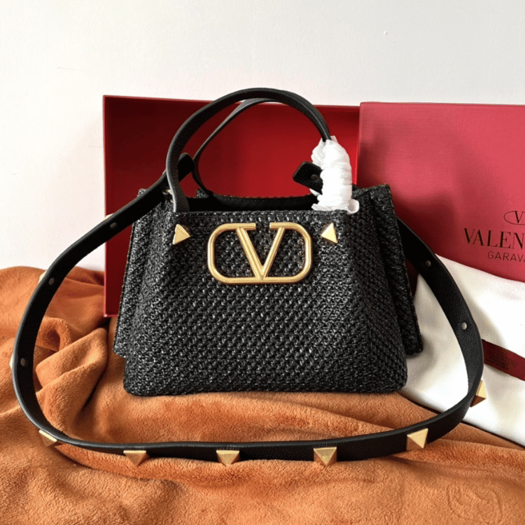 Valentino Vlogo Raffia Tote Bag Black 9.8 Inches