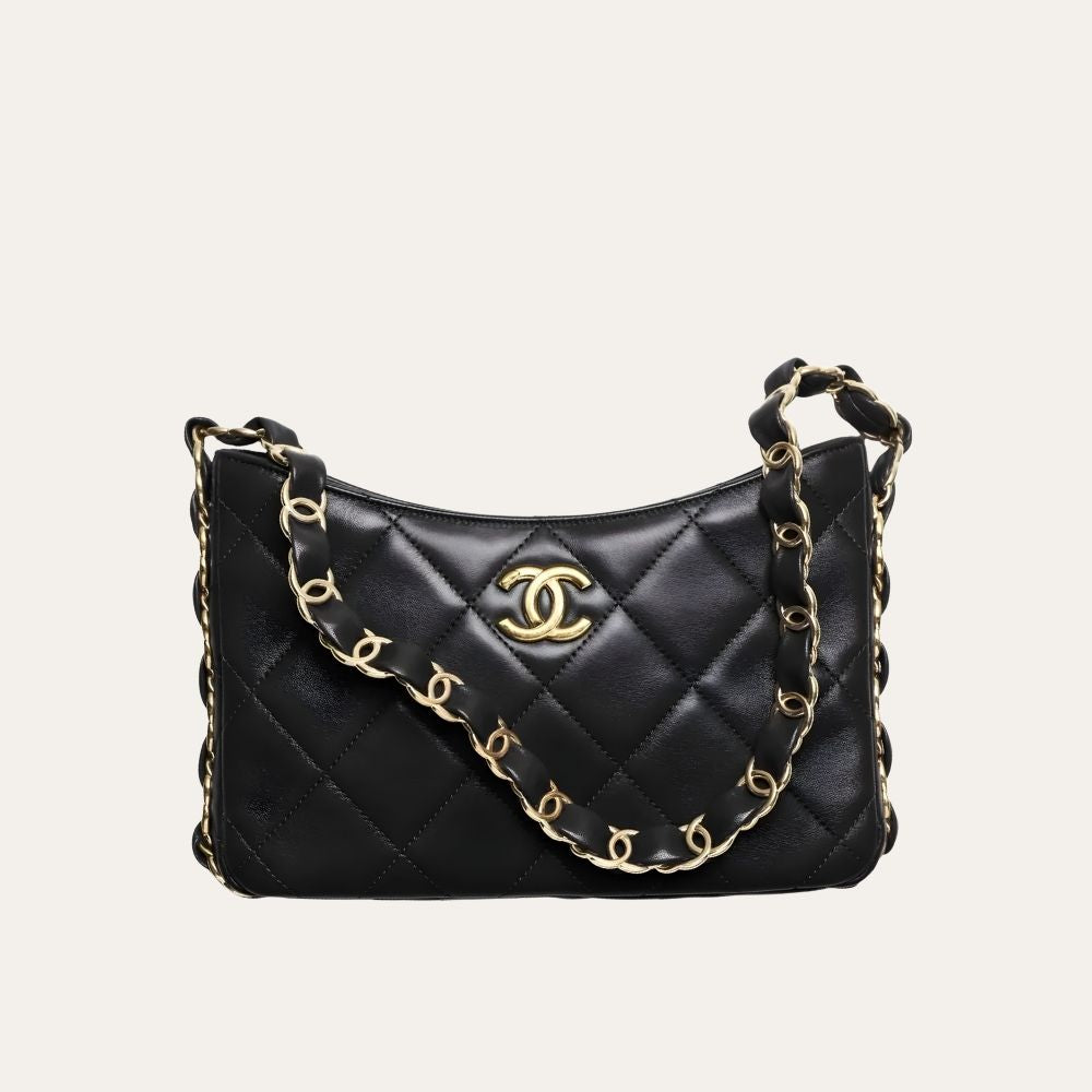 Chanel Hobo Handbag Gold Tone Hardware Black 9.4 Inches AS5177 B18293 94305
