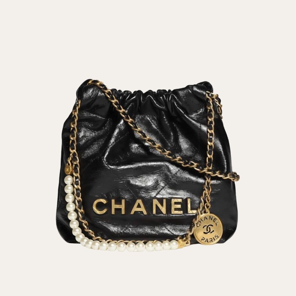 Chanel 22 Mini Handbag Shiny Crystal Pearls Gold Tone Metal Black 7.8 Inches As3980 B10672 94305