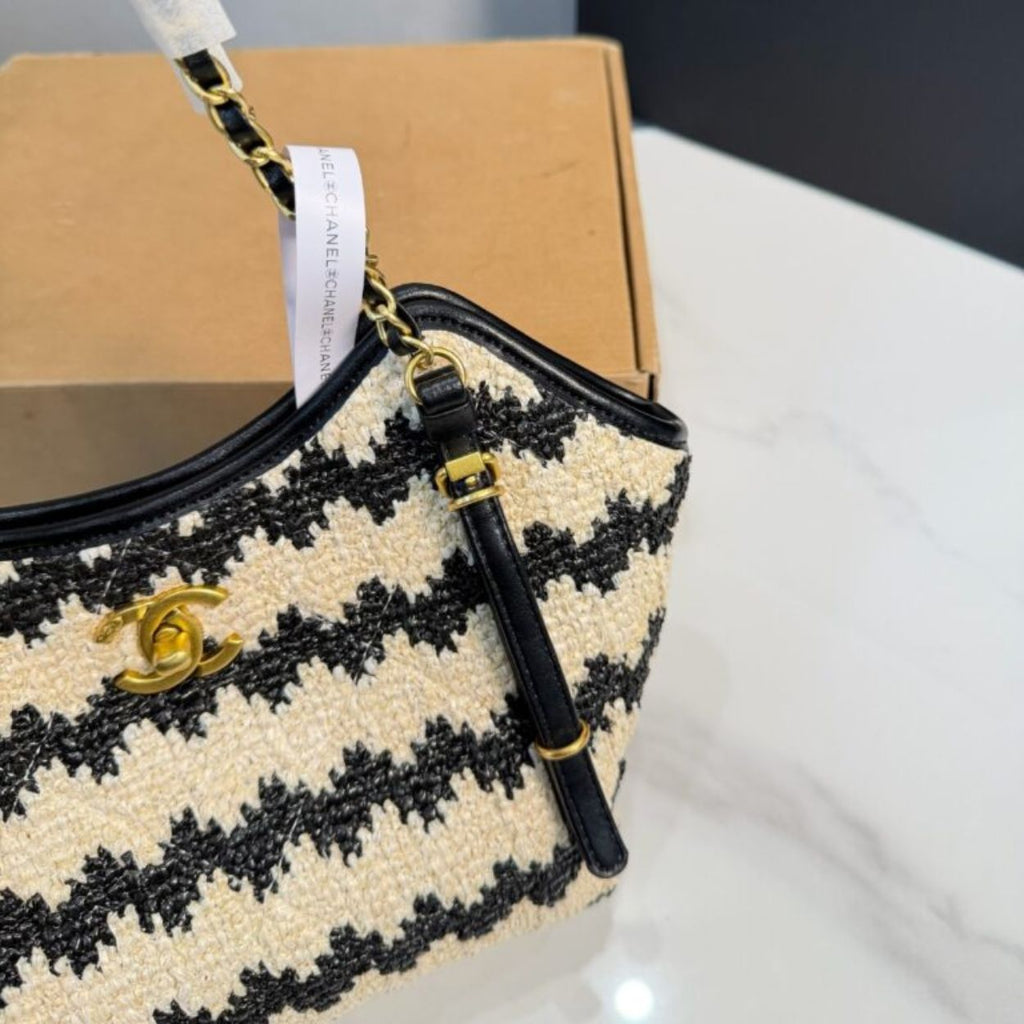 Chanel Small Shopping Bag Braided Straw And Gold Tone Metal Beige And Black 7.9 Inches