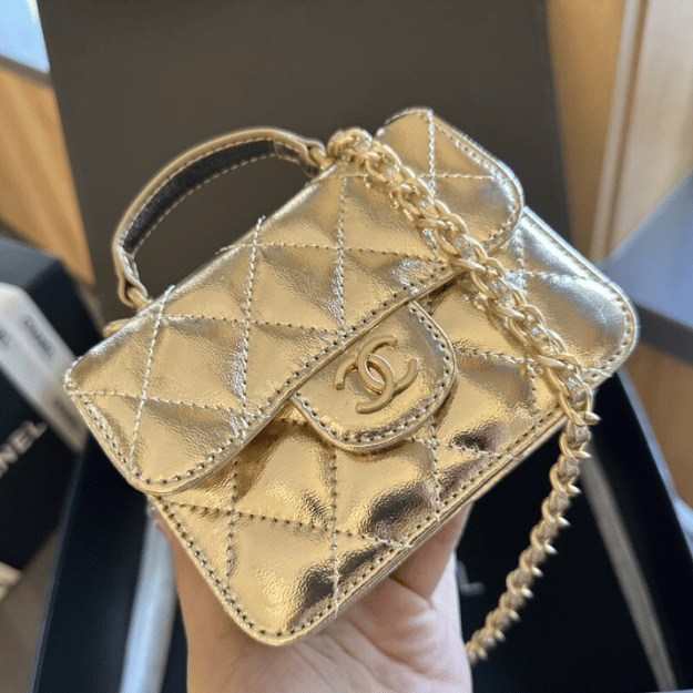Chanel Mini Top Handle Flap Bag Gold Metallic 5.1 Inches