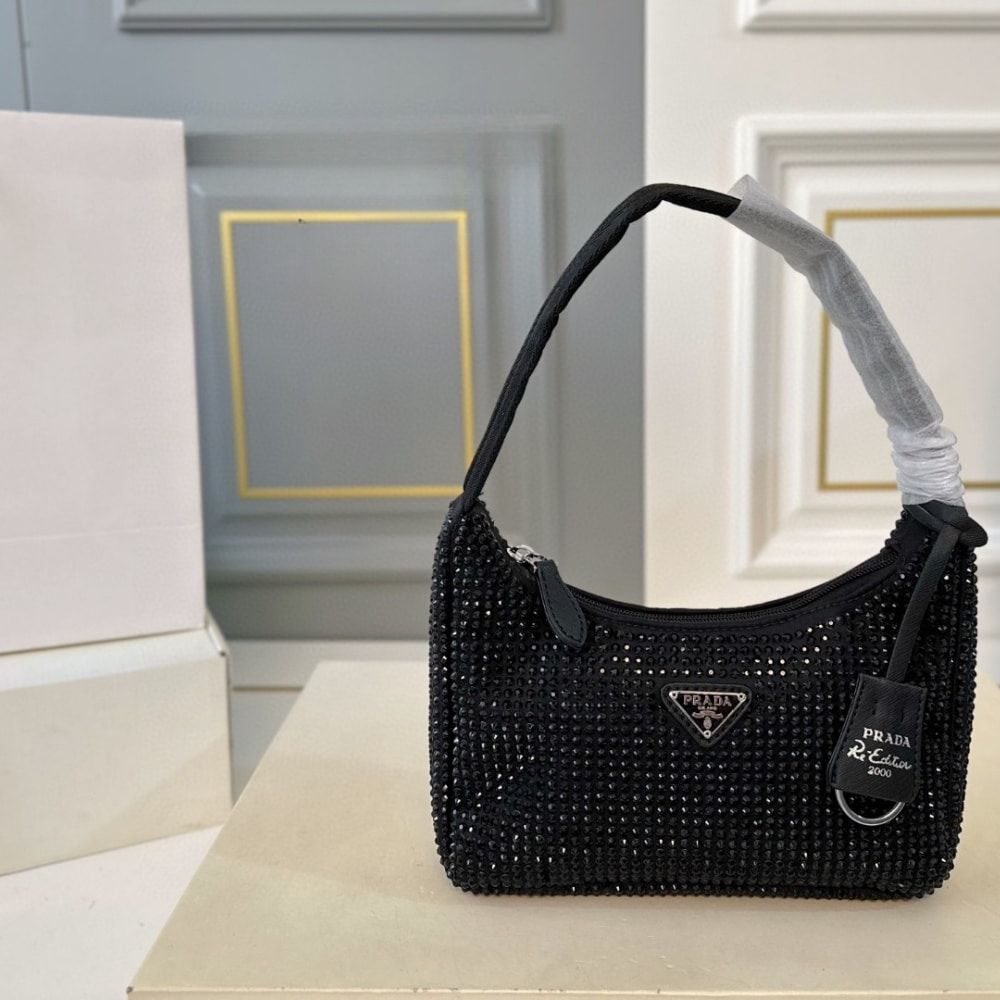 Prada Re Edition Satin Mini Bag With Crystals Black 8.3 Inches 1Bc515 2Awl F0002 V Ooo