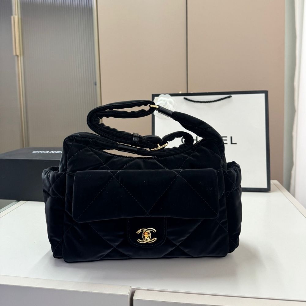Chanel Large Bowling Bag Velvet Effect Nylon Gold Tone Black 10.6 Inches AS5054 B21379 94305