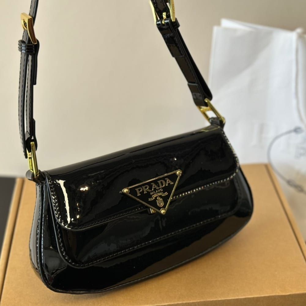 Prada Cleo Bag In Brushed Leather With Triangle Logo Black 9.4 Inches