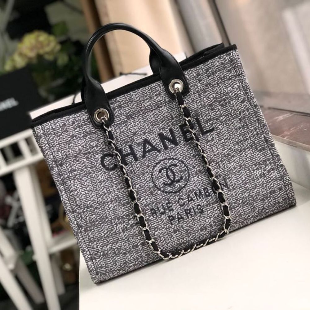 Chanel Deauville Tote Raffia Canvas Bag Black 14.9 Inches