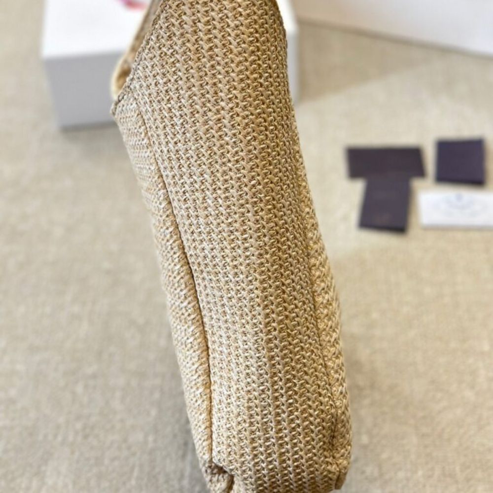 Prada Logo Embossed Raffia Shoulder Bag Beige 13 Inches 1Bc186Vouo2A2T