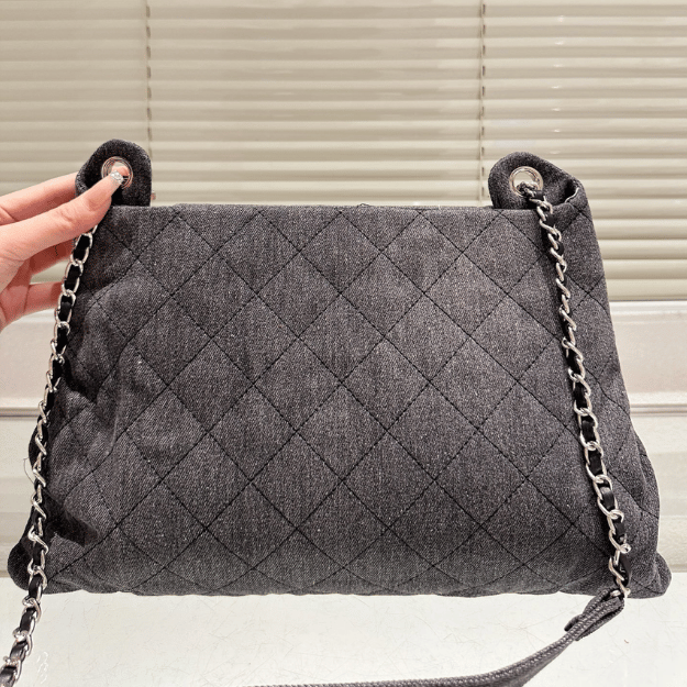 Chanel Quilted Denim Flap Bag Grey 11.8 Inches