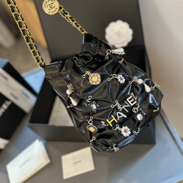 Chanel 22 Mini Drawstring Bucket Bag Black 7.9 Inches