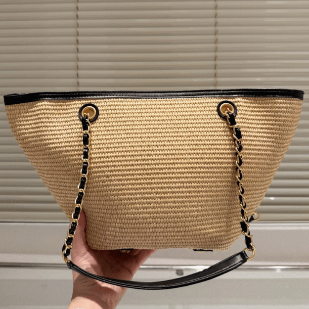 Chanel Raffia Woven Tote Bag Natural/Black 7.9 Inches