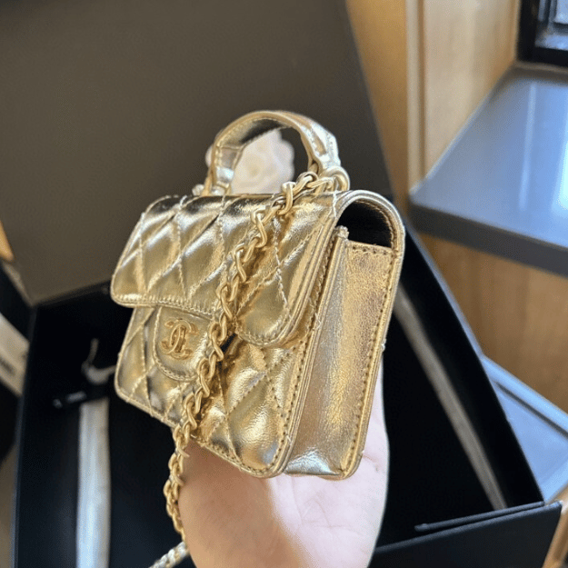 Chanel Mini Top Handle Flap Bag Gold Metallic 5.1 Inches