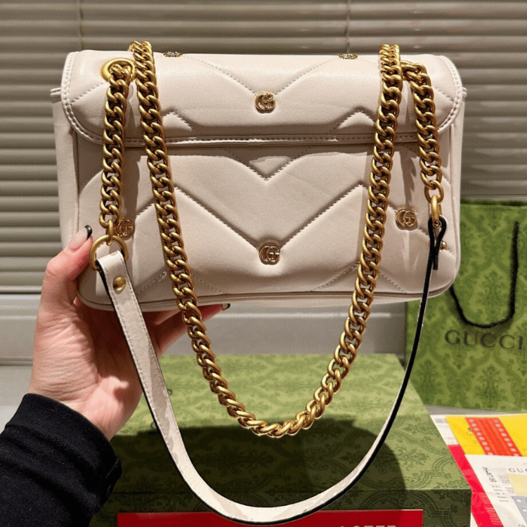 Gucci Gg Marmont Large Studded Matelassé Shoulder Bag Ivory White 10.2 Inches