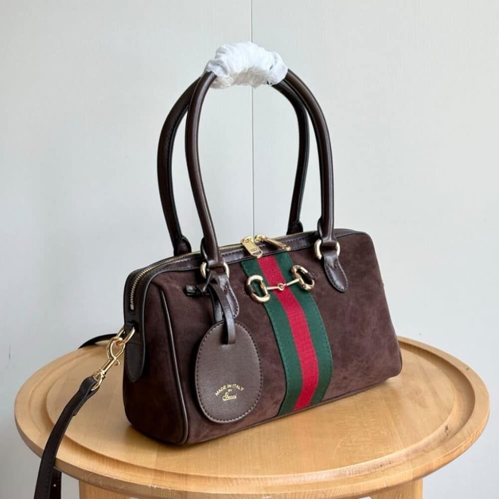 Gucci Borsetto Medium Boston Bag Suede Leather Dark Brown 11 Inches 866732 AAGIR 2146