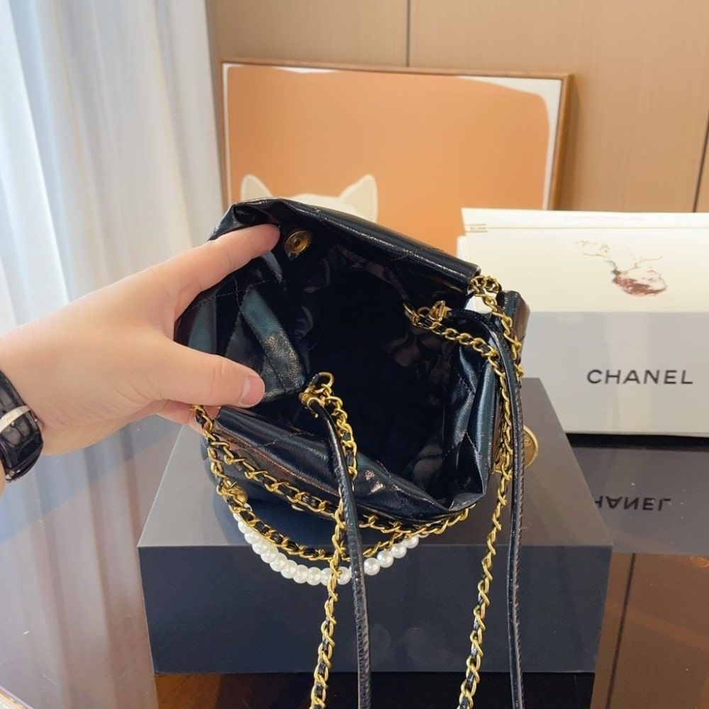 Chanel 22 Mini Handbag Shiny Crystal Pearls Gold Tone Metal Black 7.8 Inches As3980 B10672 94305