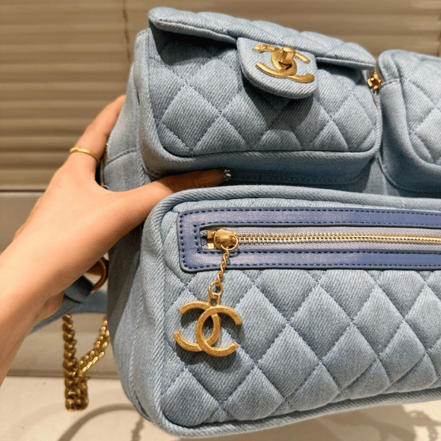 Chanel Quilted Camera Bag Blue 12.2 Inches