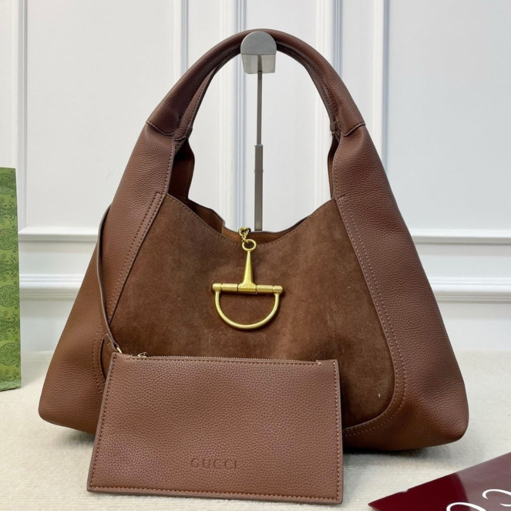 Gucci Softbit Maxi Suede Shoulder Bag Brown 16.5 Inches