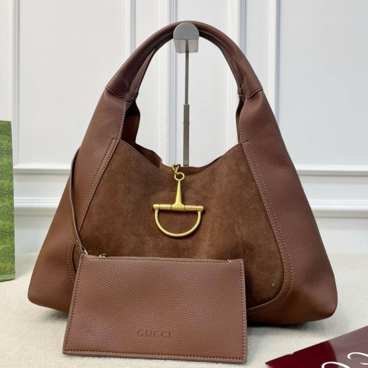 Gucci Softbit Maxi Suede Shoulder Bag Brown 16.5 Inches