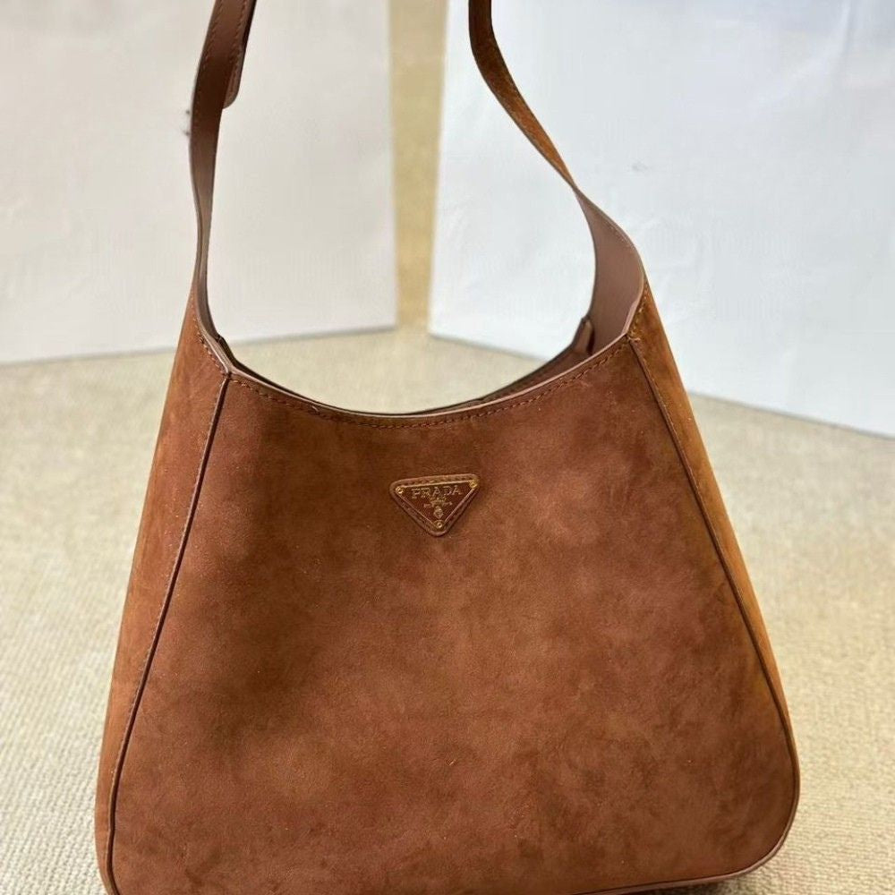 Prada Suede Hobo Bag Brown 13.4 Inches 1BC181 2C4S F0324