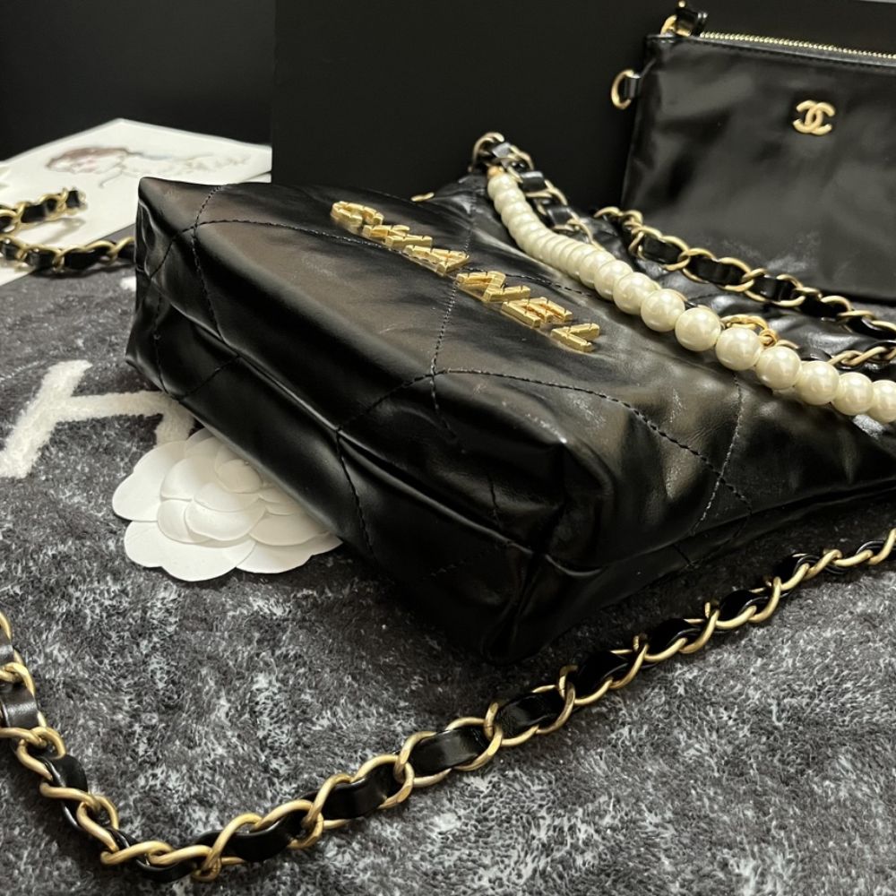 [Premium Quality] – Chanel 22 Mini Handbag Shiny Crystal Pearls Gold Tone Metal Black 7.8 Inches As3980 B10672 94305