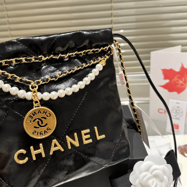 Chanel 22 Mini Drawstring Bucket Bag Black Pearl 7.9 Inches
