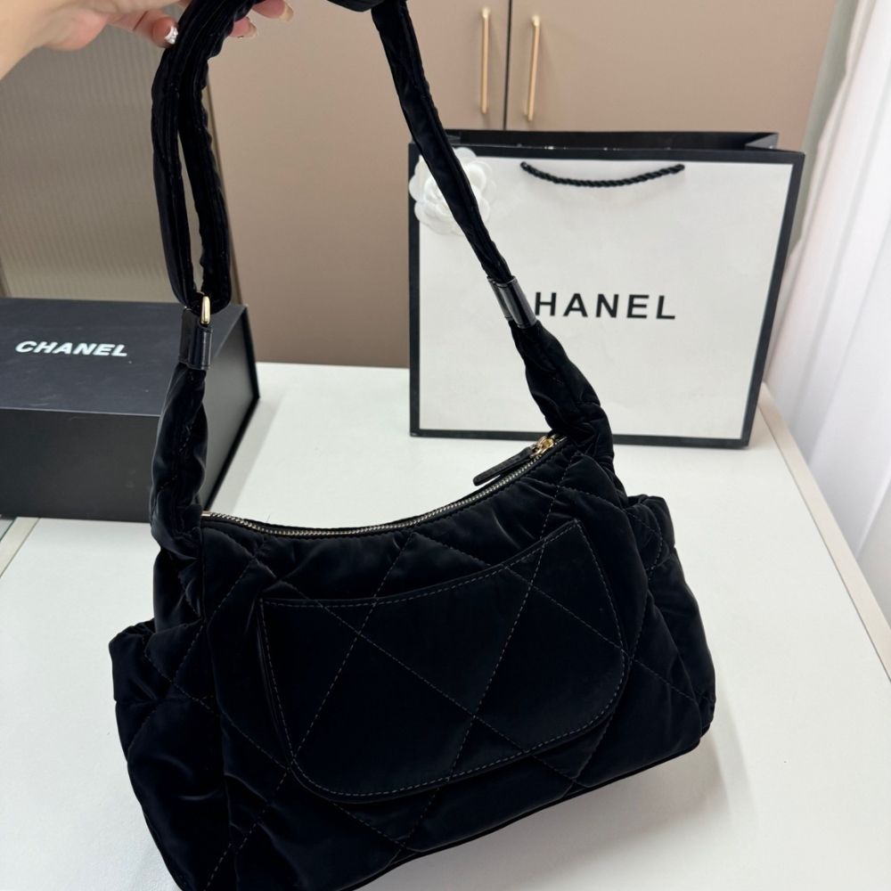 Chanel Large Bowling Bag Velvet Effect Nylon Gold Tone Black 10.6 Inches AS5054 B21379 94305