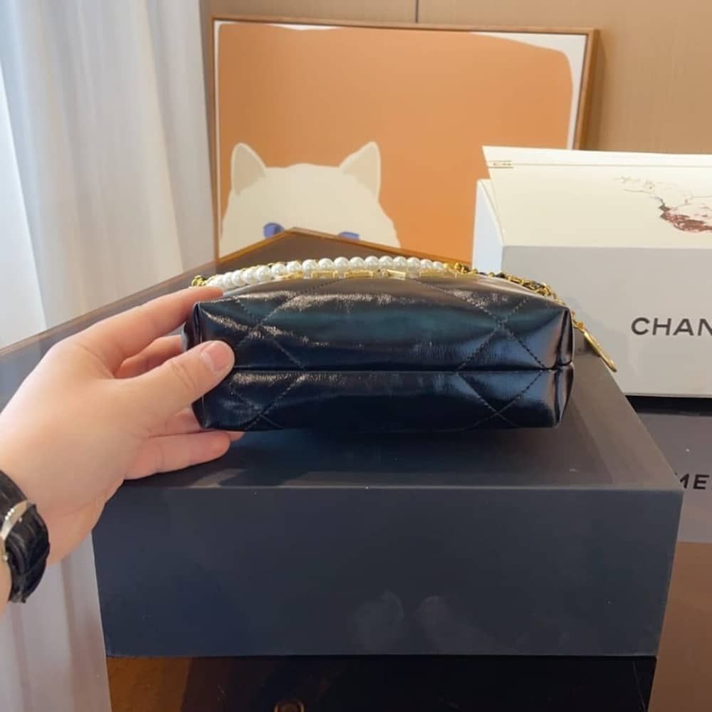 Chanel 22 Mini Handbag Shiny Crystal Pearls Gold Tone Metal Black 7.8 Inches As3980 B10672 94305