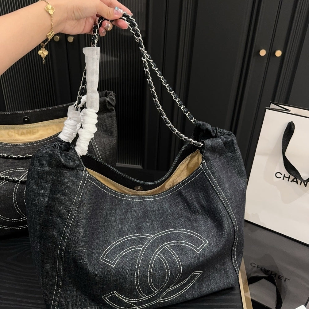 Chanel Coco Cabas Shopping Bag Denim Dark Blue 14.2 Inches