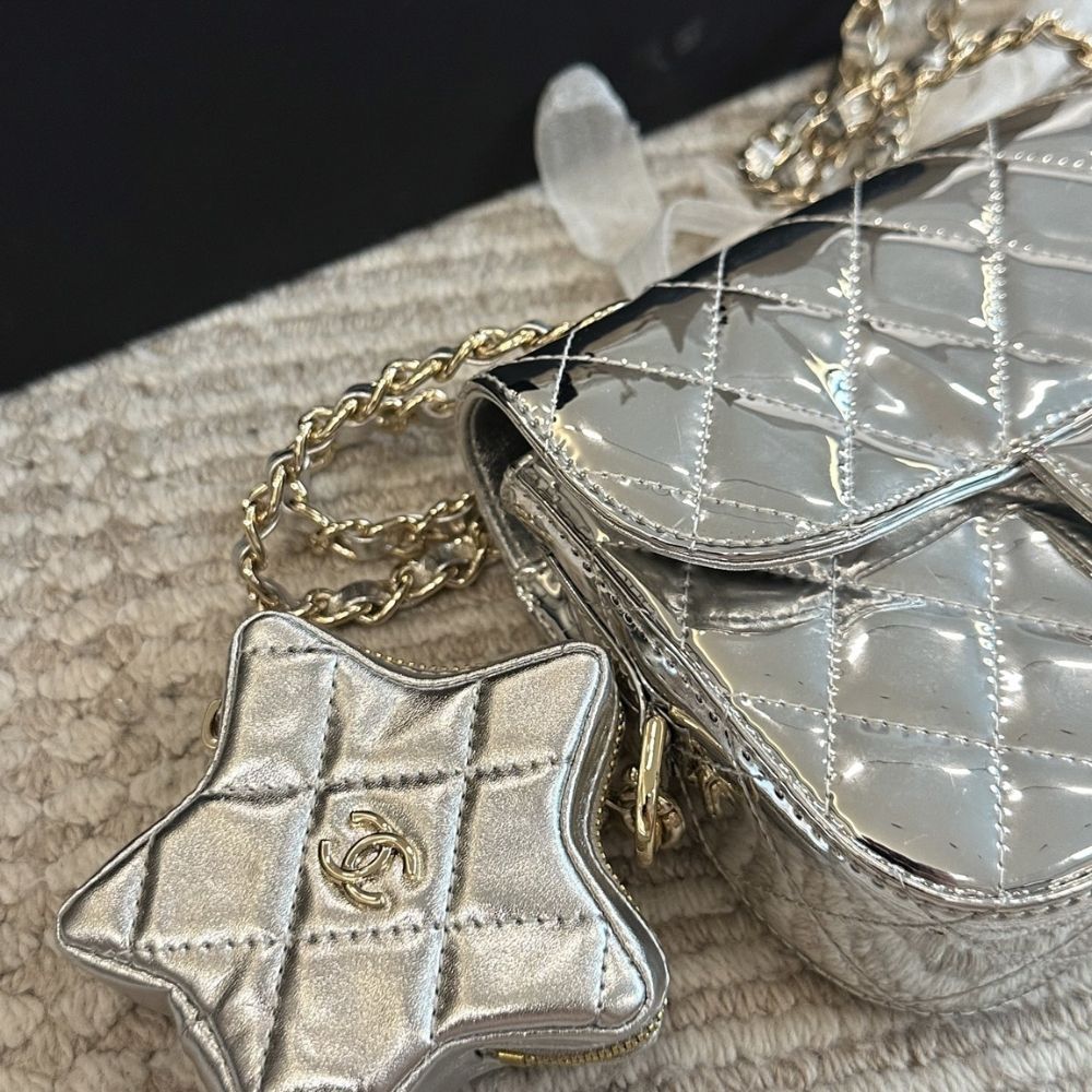 Chanel Mini Flap Bag Star Coin Purse Silver 9.4 Inches AS4648 B14873 Nt666