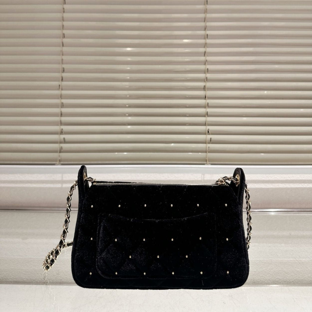 Chanel Velvet Crystal Quilted Chain Hobo Bag In Black 8.7 Inches AP4861 B17652 93405