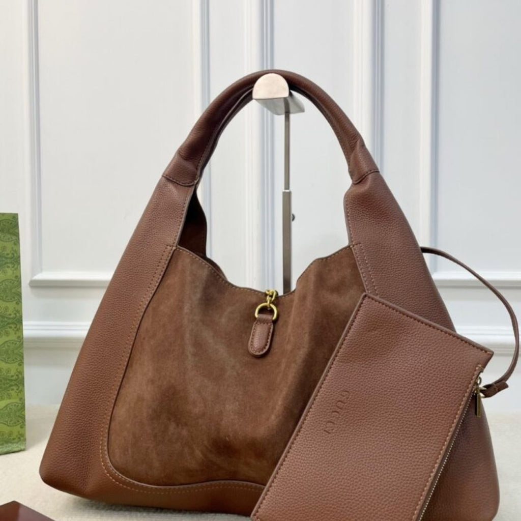 Gucci Softbit Maxi Suede Shoulder Bag Brown 16.5 Inches