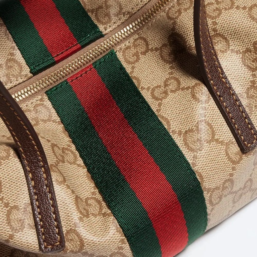 Gucci Mini Boston Bag Web GG Canvas Sand Dark Brown 7.5 Inches