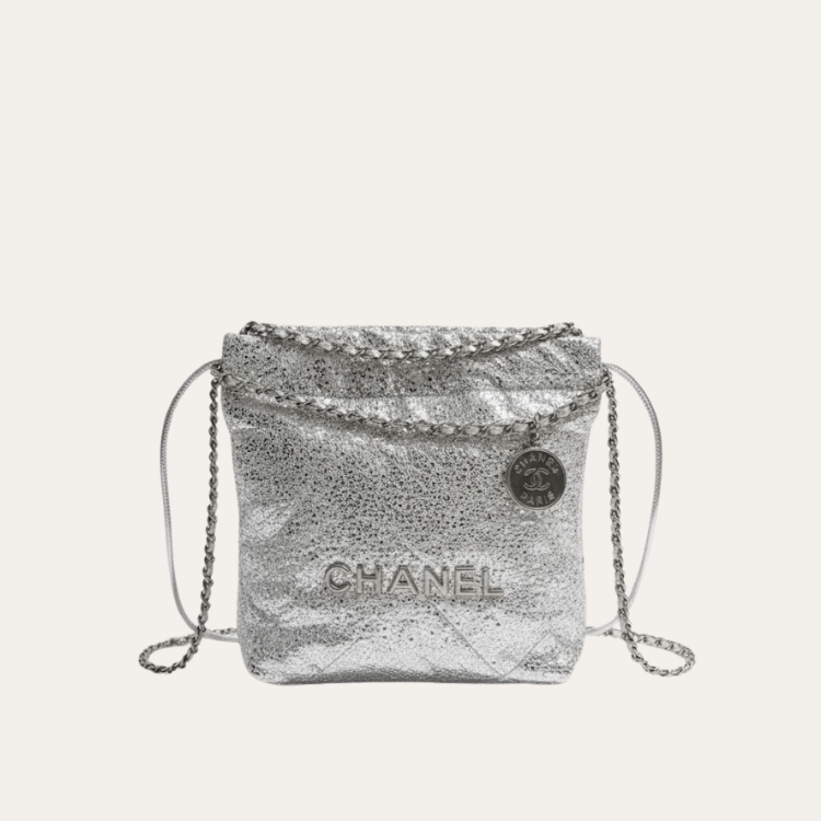 Chanel 22 Sequined Coin Bucket Bag Silver 6.7 Inches