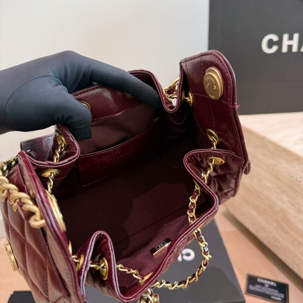 Chanel 25 Mini Shiny Leather Handbag Burgundy 20cm