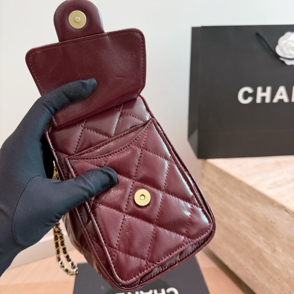 Chanel 25 Mini Shiny Leather Handbag Burgundy 20cm