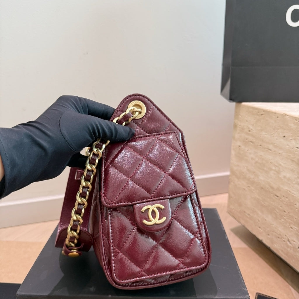 Chanel 25 Mini Shiny Leather Handbag Burgundy 20cm