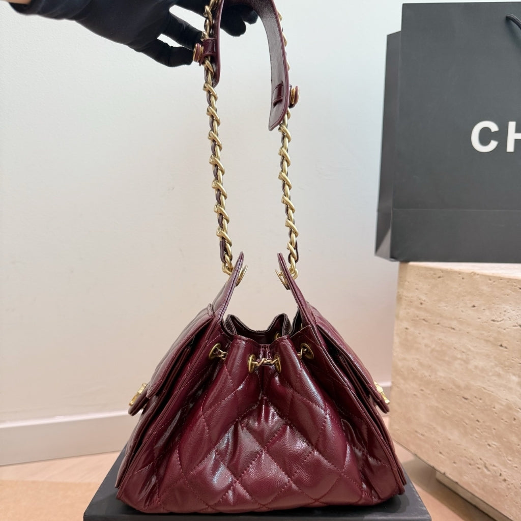 Chanel 25 Mini Shiny Leather Handbag Burgundy 20cm