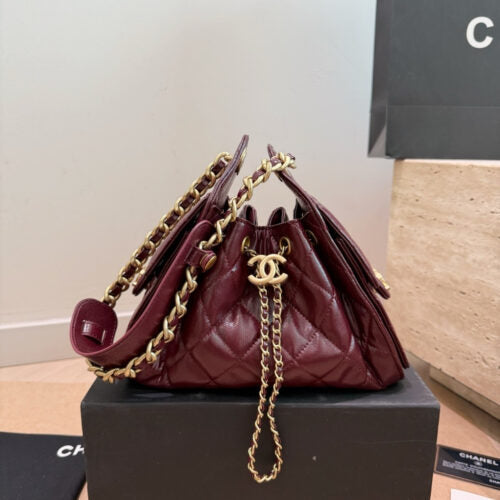 Chanel 25 Mini Shiny Leather Handbag Burgundy 20cm