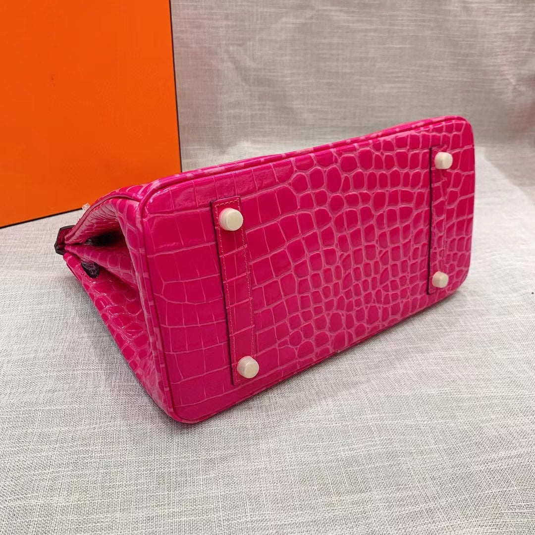 Hermes Birkin 30 Crocodile Gold Toned Hardware Dark Pink 30Cm