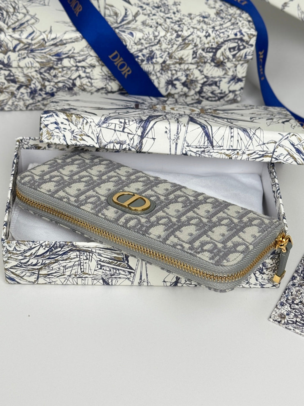 Dior 25S Long Zipper Wallet 19 in Gray Oblique Jacquard Canvas