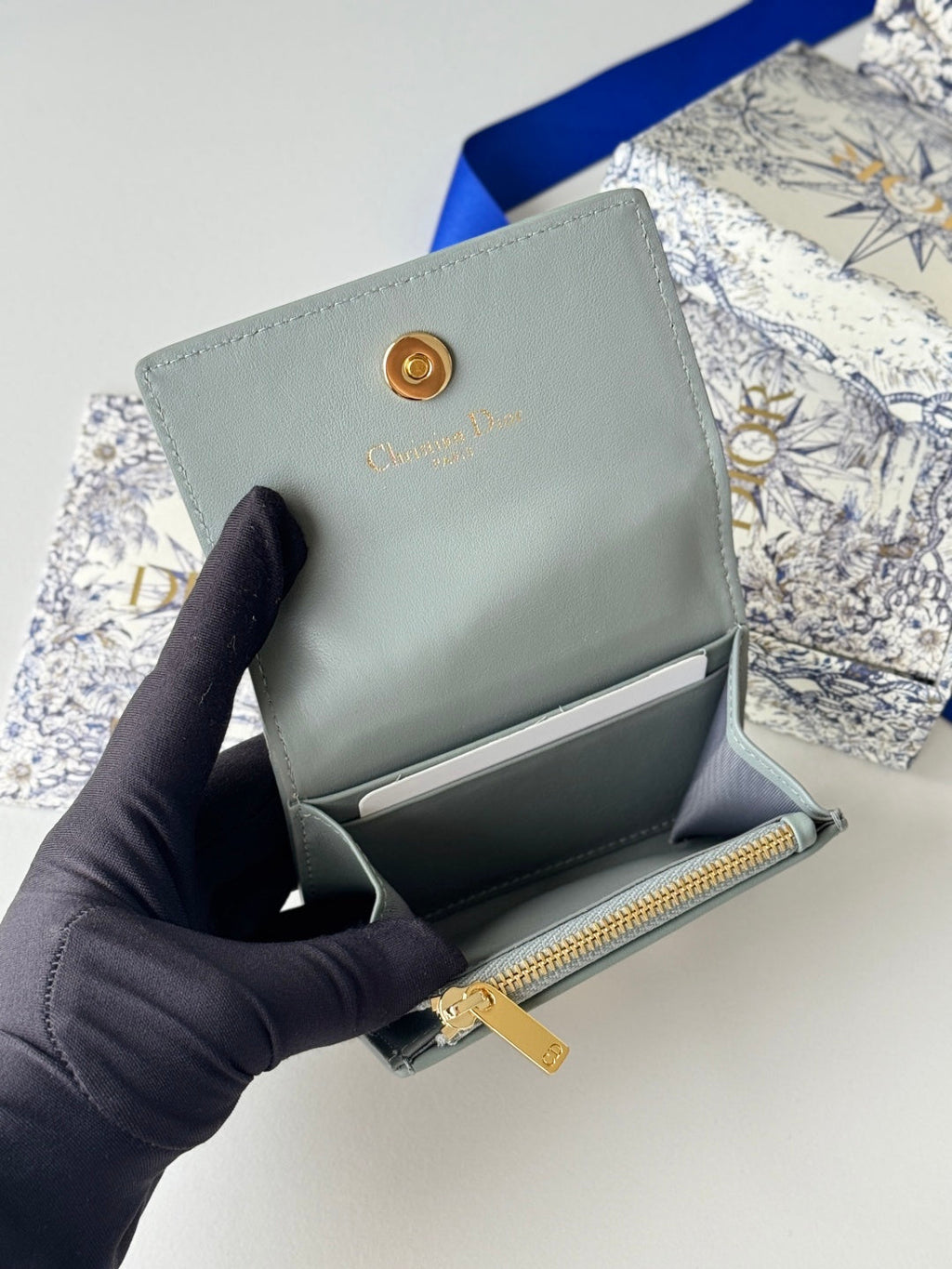 Dior 25S Caro Card Holder 11 in Gray Calfskin and Canvas Gold Hardware