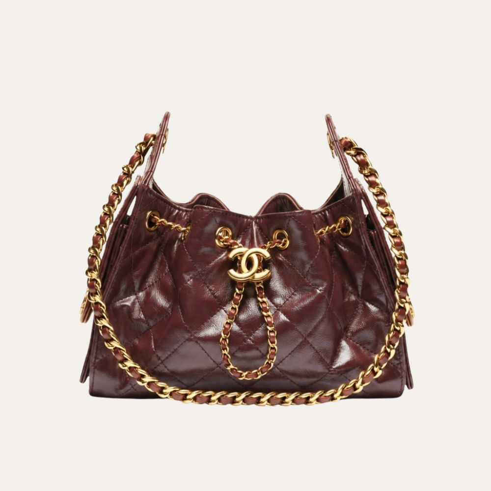 Chanel 25 Mini Shiny Leather Handbag Burgundy 20cm